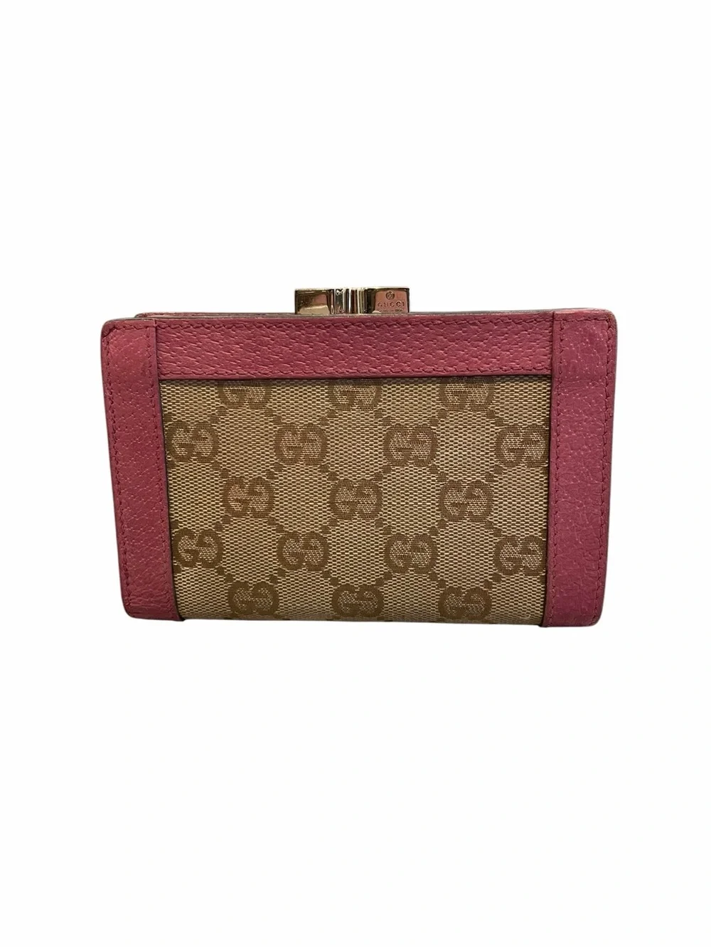 Gucci Beige GG Canvas Wallet with Pink Leather Trim
